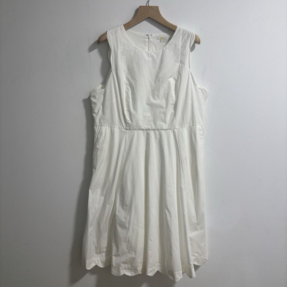 Boden Judith Dress Womens 18L White Poplin Sleeveless Fit & Flare Scalloped Hem